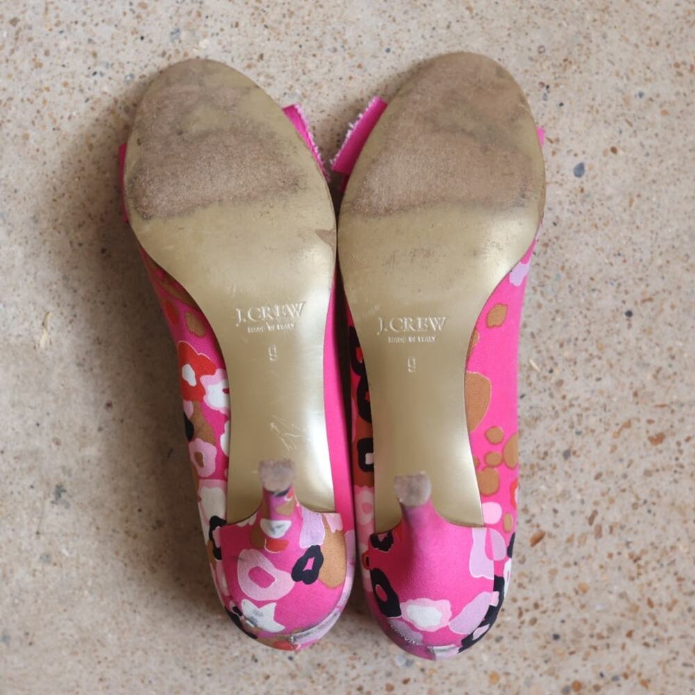 J.Crew Pink Floral Bow Peep Toe Heels Size 9 Italian Made Y2K Coquette - Picture 4 of 5